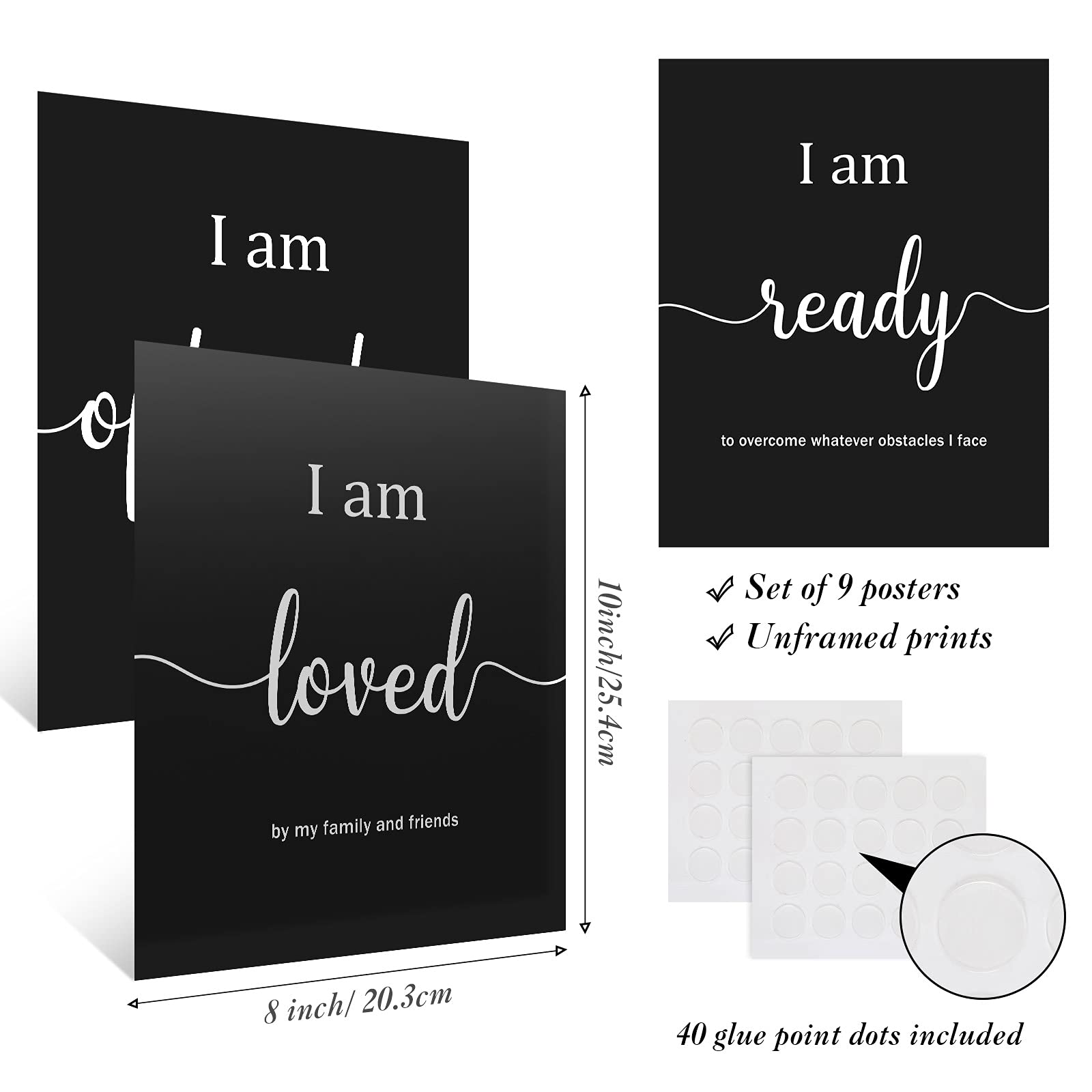 Outus 9 Pieces Inspirational Motivational Wall Art Office Bedroom Wall Art,Daily Positive Affirmations for Men Women Kids Inspirational Positive Quotes Sayings Decor(White)