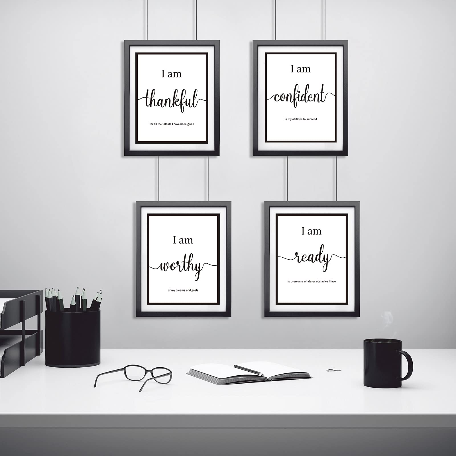 Outus 9 Pieces Inspirational Motivational Wall Art Office Bedroom Wall Art,Daily Positive Affirmations for Men Women Kids Inspirational Positive Quotes Sayings Decor(White)