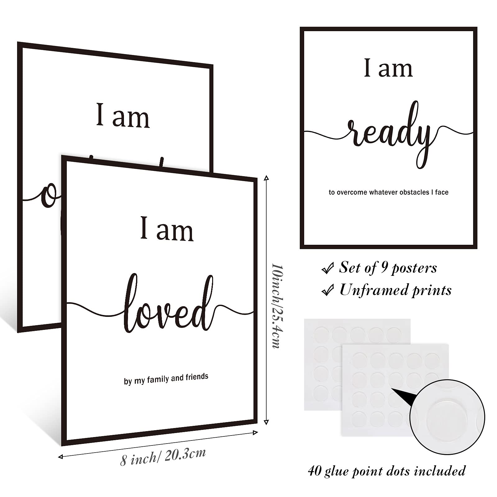 Outus 9 Pieces Inspirational Motivational Wall Art Office Bedroom Wall Art,Daily Positive Affirmations for Men Women Kids Inspirational Positive Quotes Sayings Decor(White)