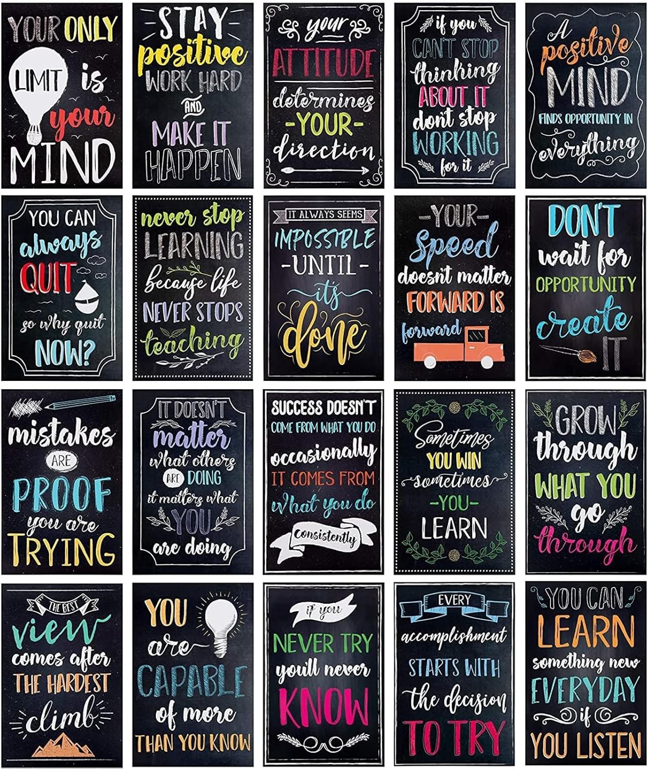 Juvale 20-Pack 13x19 in Motivational Classroom Posters - Chalkboard-Style Wall Decor, Classroom Decor, Bulletin Board Decorations, School Supplies for Teachers, Growth Mindset Posters
